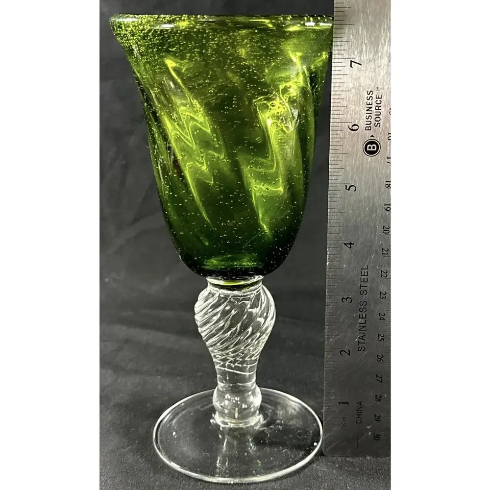 Hand Blown Art Glass Goblet Green Bubble Bowl Clear Twisted Stem 7.5”